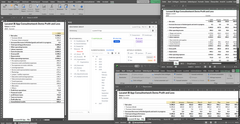 Auf diesem Bild sieht man in verschiedenen Fenstern, verschiedenen Bereiche des XLiQ. Auf der linken Seite den Report Builder und oben und unten rechts einen Report