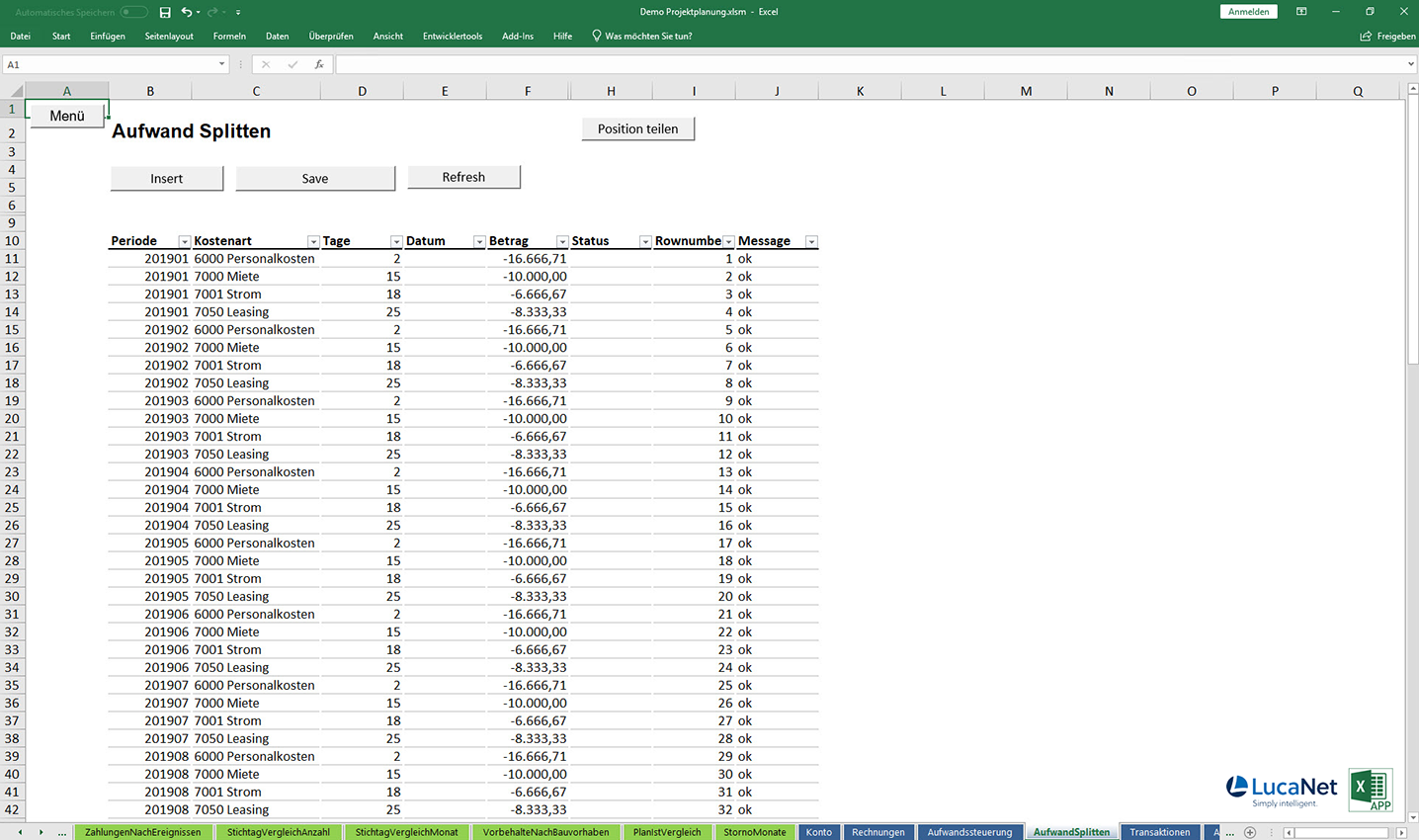 Aufwand splitten in der Excel APP kurzfristige Finanzplanung für LucaNet, von consultnetwork