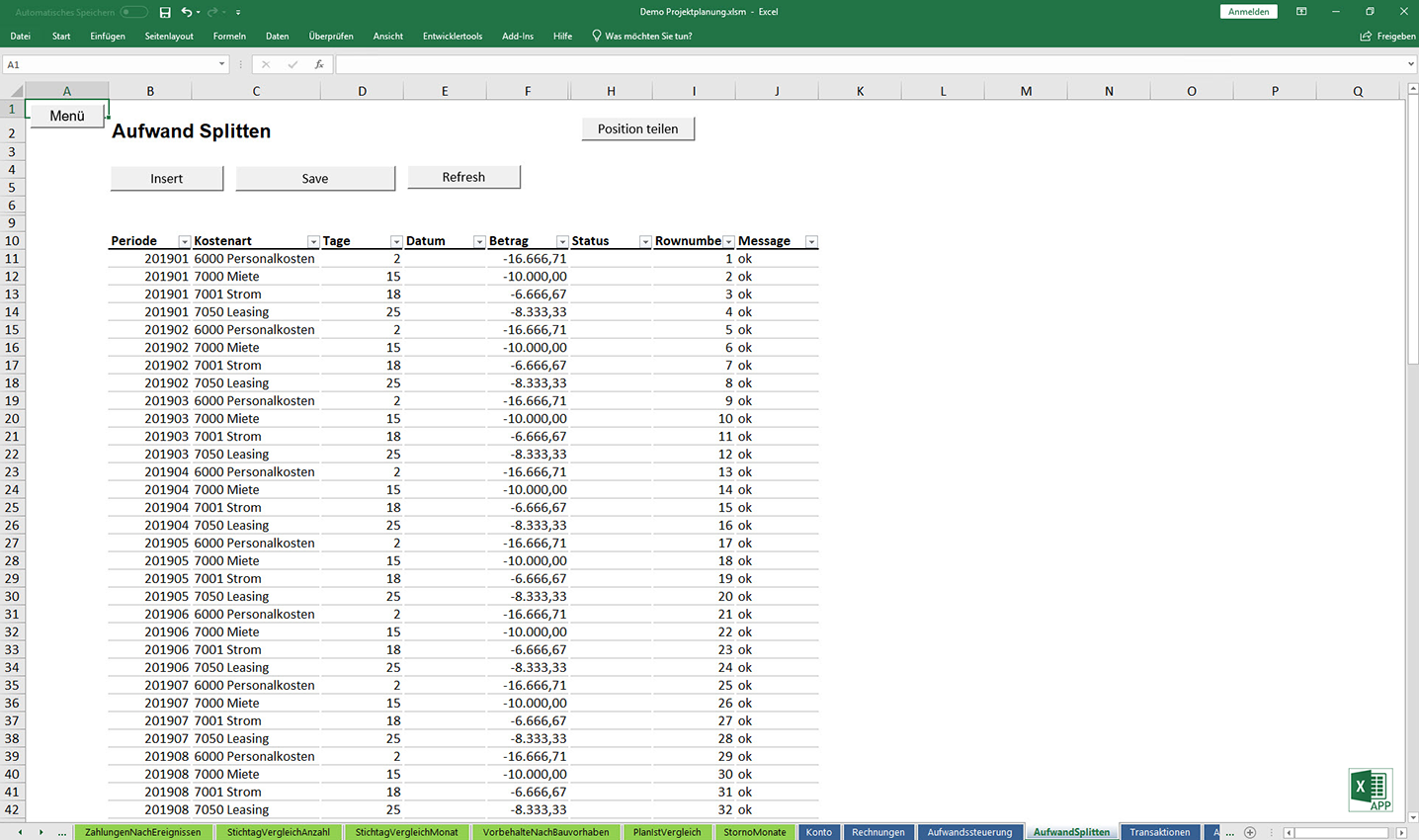 Aufwand splitten in der Excel APP "Kurzfristige Finanzplanung" von consultnetwork