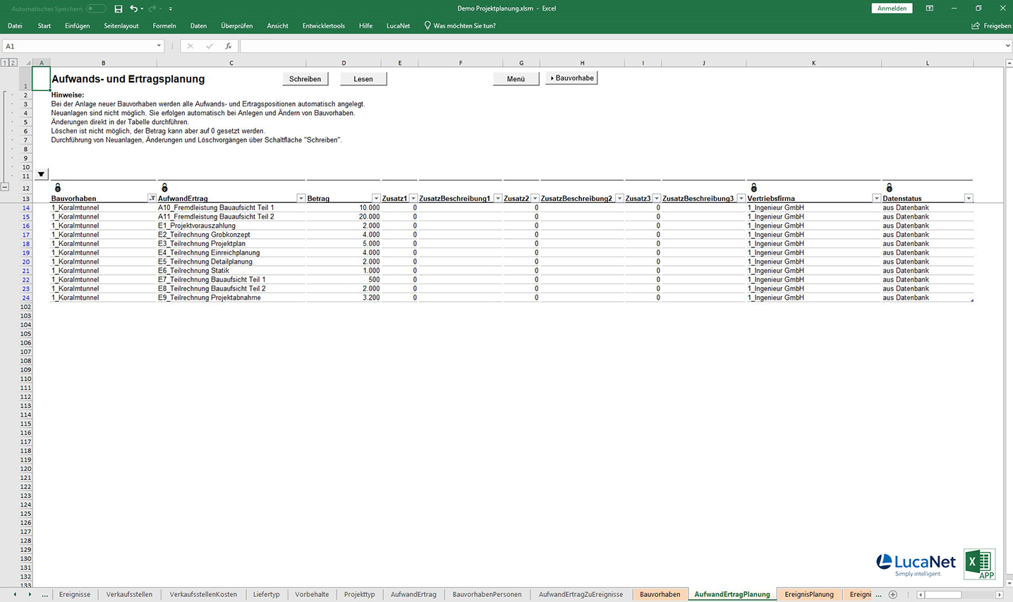 Aufwands- und Ertragsplanung in der Excel APP Projektplanung für LucaNet von consultnetwork
