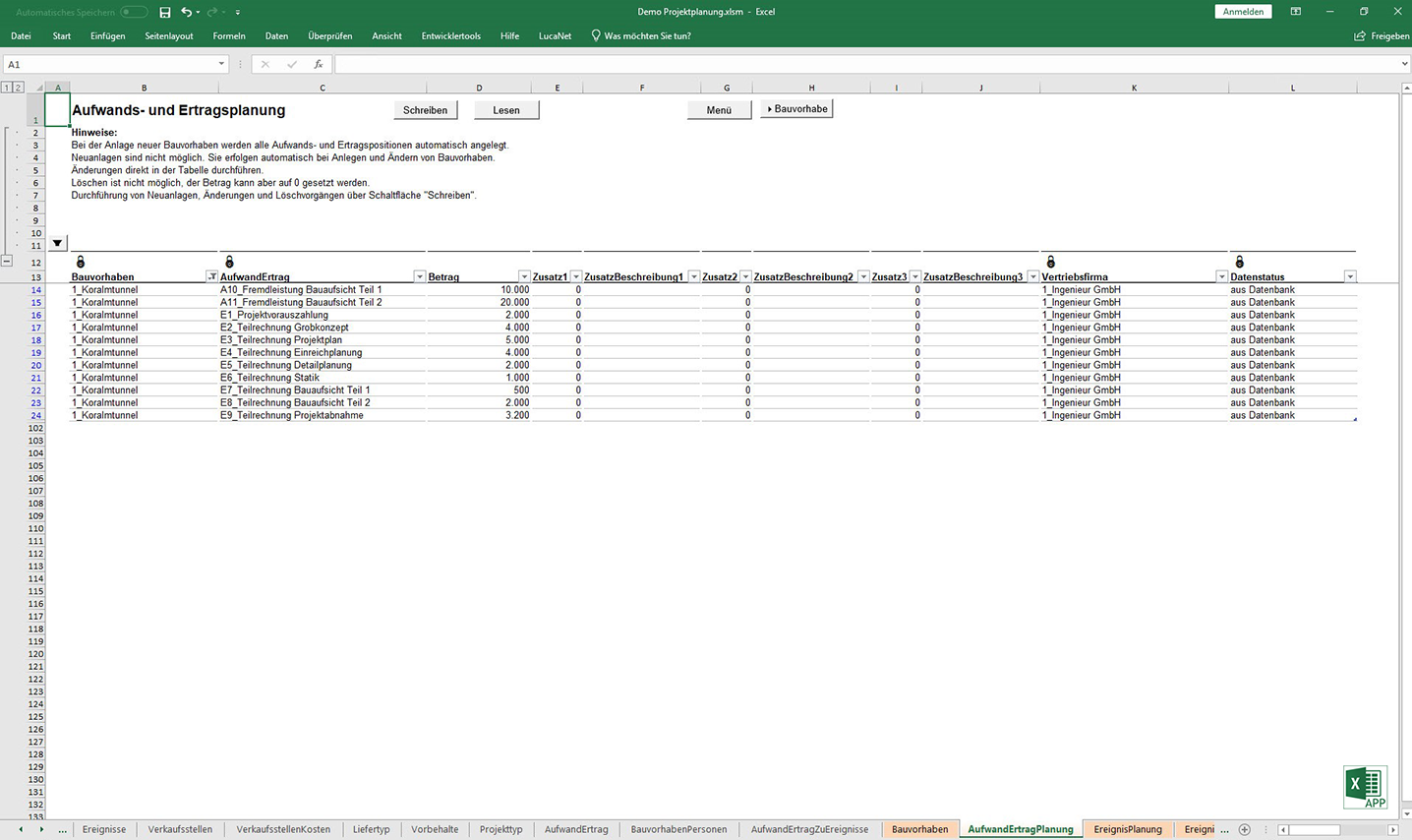 Aufwands- und Ertragsplanung in der Excel APP "Projektplanung", von consultnetwork