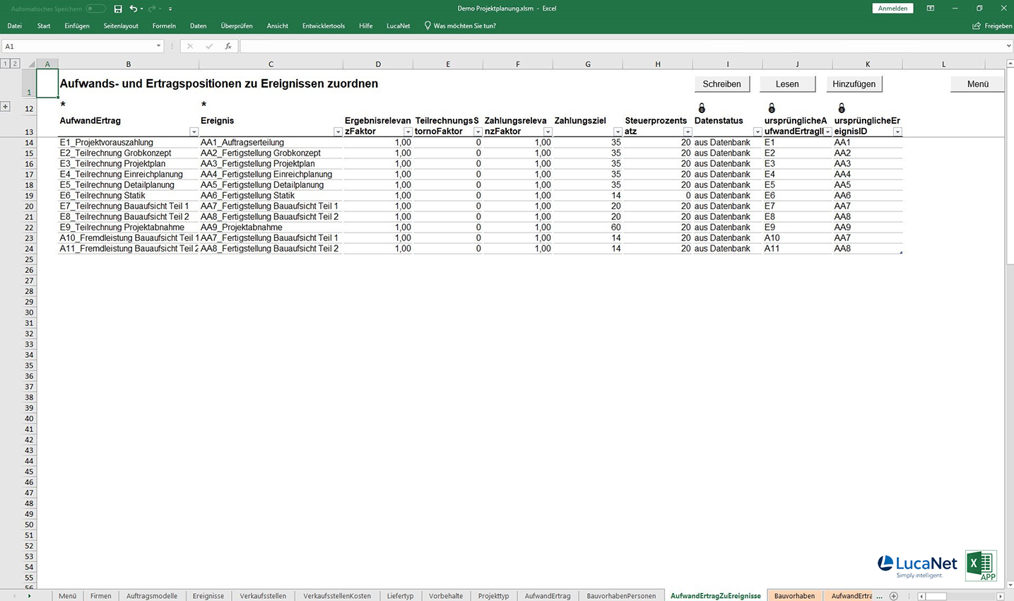 Aufwands- und Ertragspositionen zur Ereignissen zuordnen - Excel APP Projektplanung für LucaNet, von consultnetwork