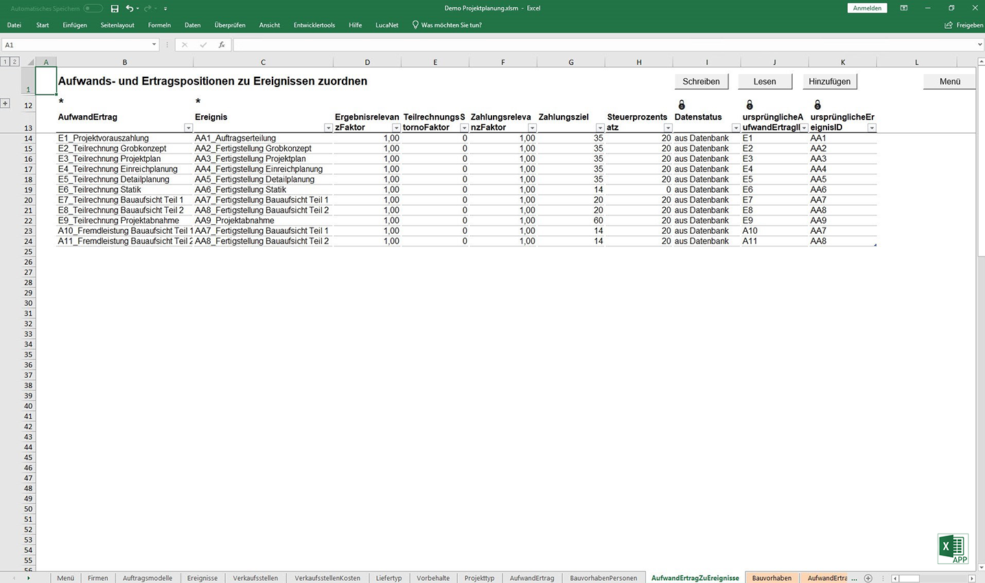 Aufwands- und Ertragspositionen zur Ereignissen zuordnen in der Excel APP von consultnetwork