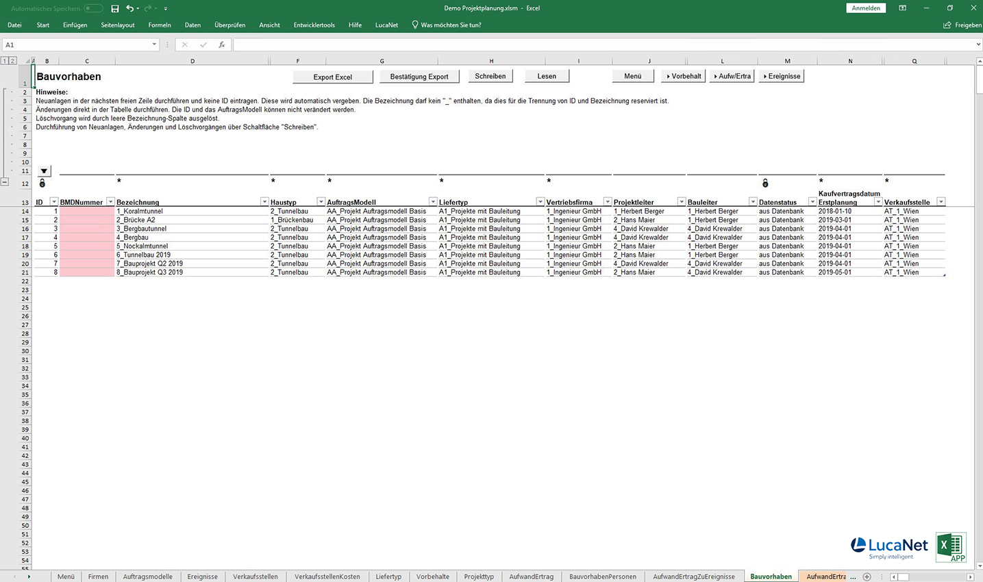 Bauvorhaben in der Excel APP Projektplanung für LucaNet, von consultnetwork