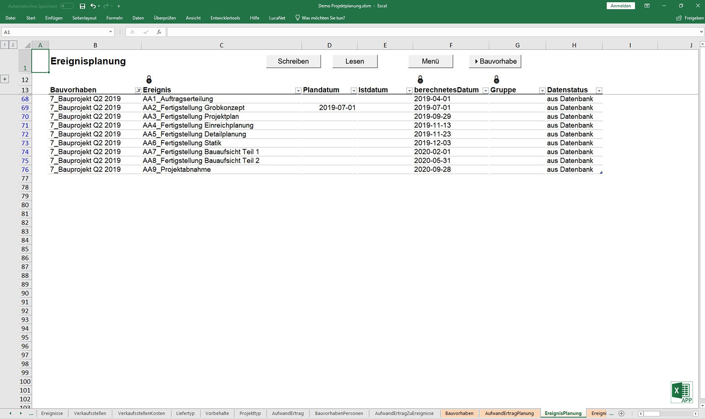 Ereignisplanung in der Excel APP "Projektplanung" von consultnetwork