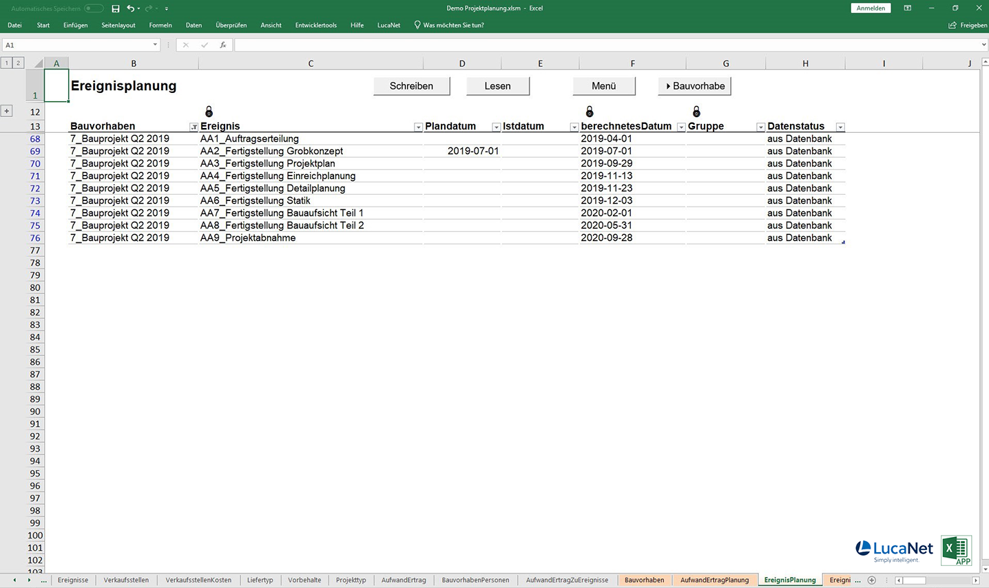 Ereignisplanung in der Excel App Projektplanung für LucaNet, von consultnetwork