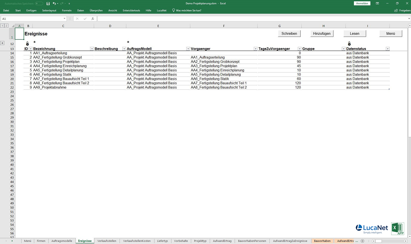 Ereignisse in der Excel APP Projektplanung für LucaNet, von consultnetwork