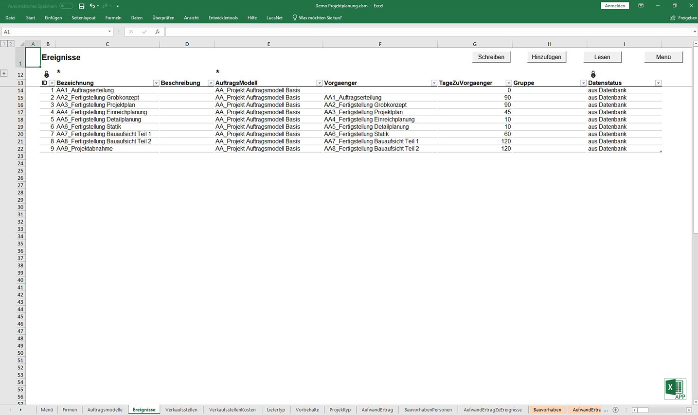 Ereignisse in der Excel APP "Projektplanung" von consultnetwork