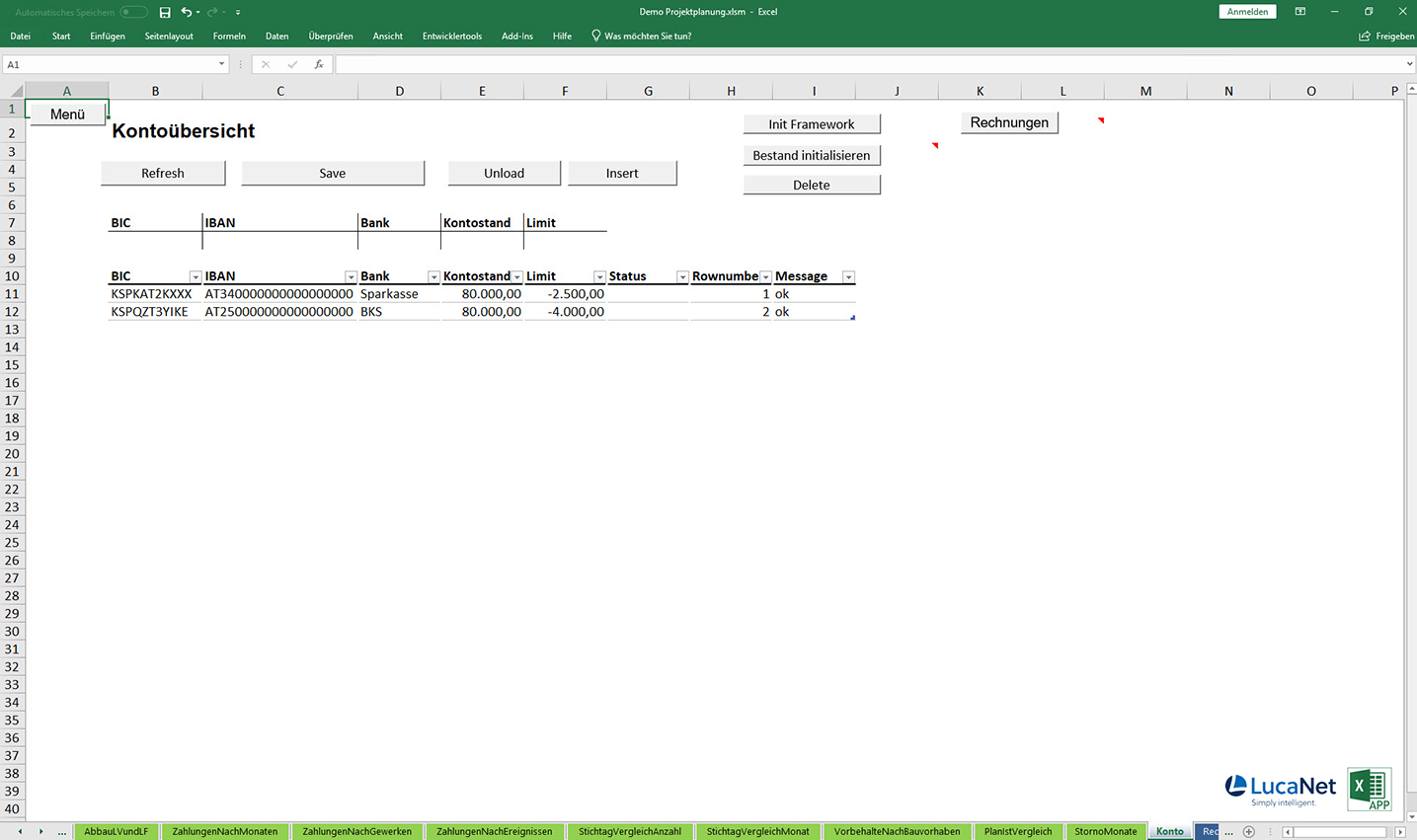 Kontoübersicht in der Excel APP kurzfristige Finanzplanung für LucaNet, von consultnetwork
