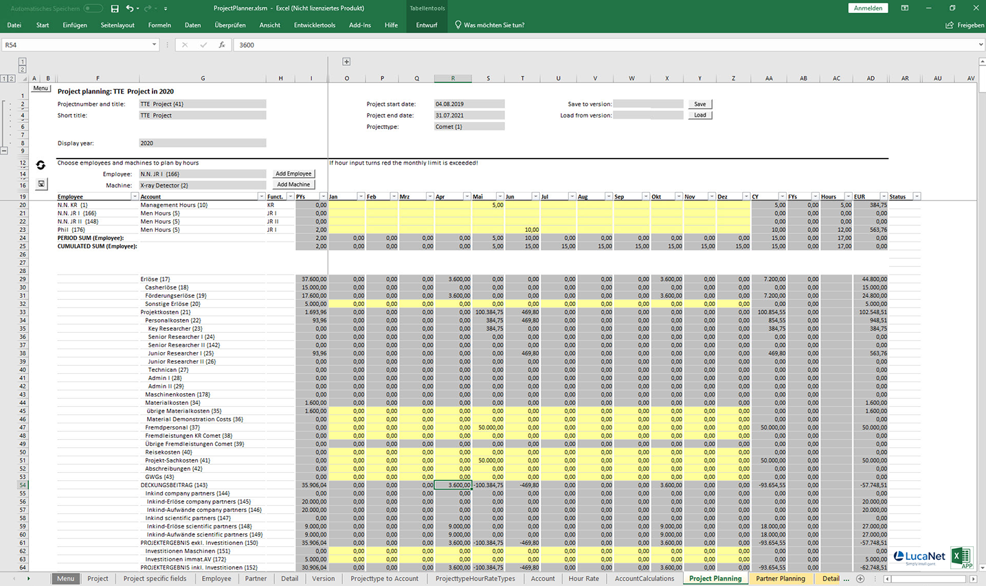 Planungsmaske Excel App Projektplanung für Forschungsunternehmen mit LucaNet, von consultnetwork