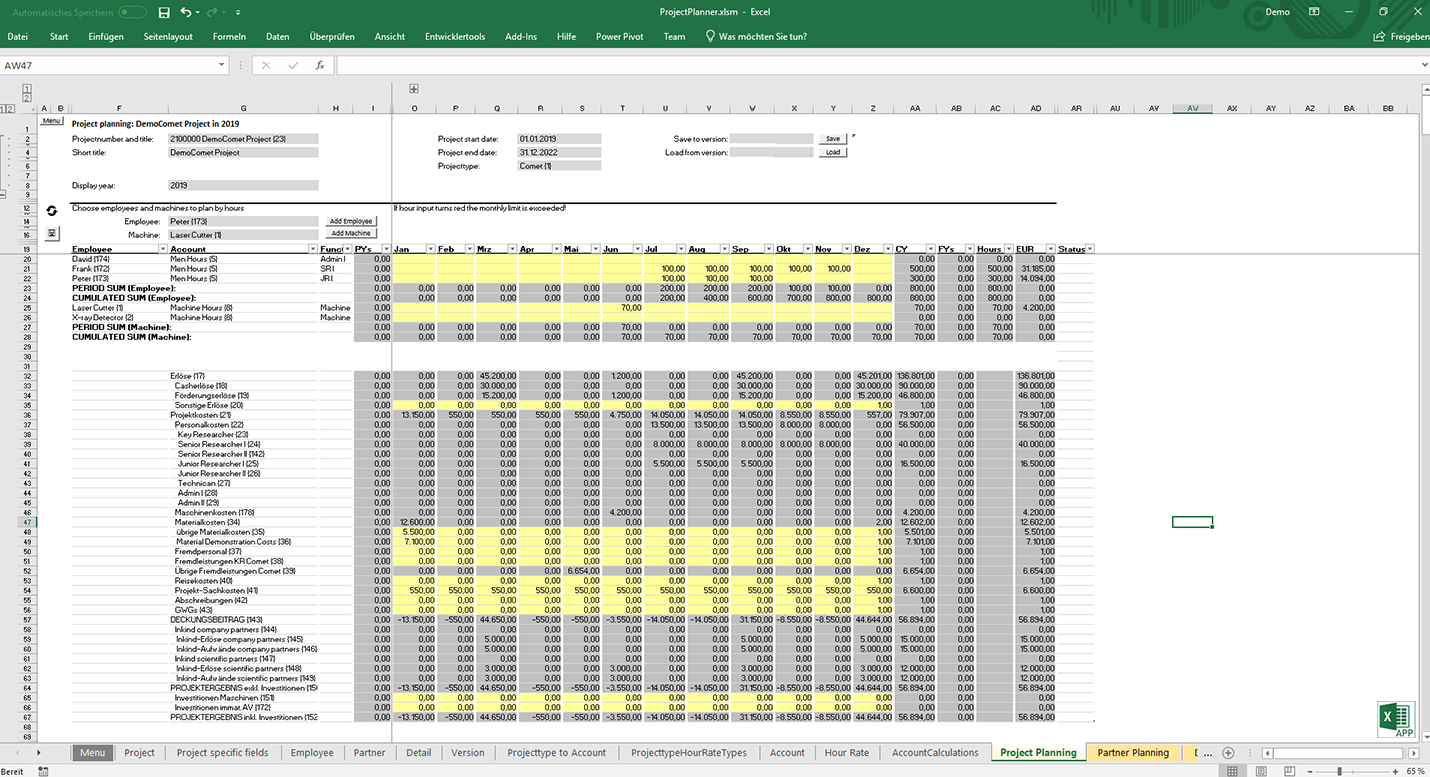 Planungsmaske der Excel APP für Forschungsunternehmen, consultnetwork