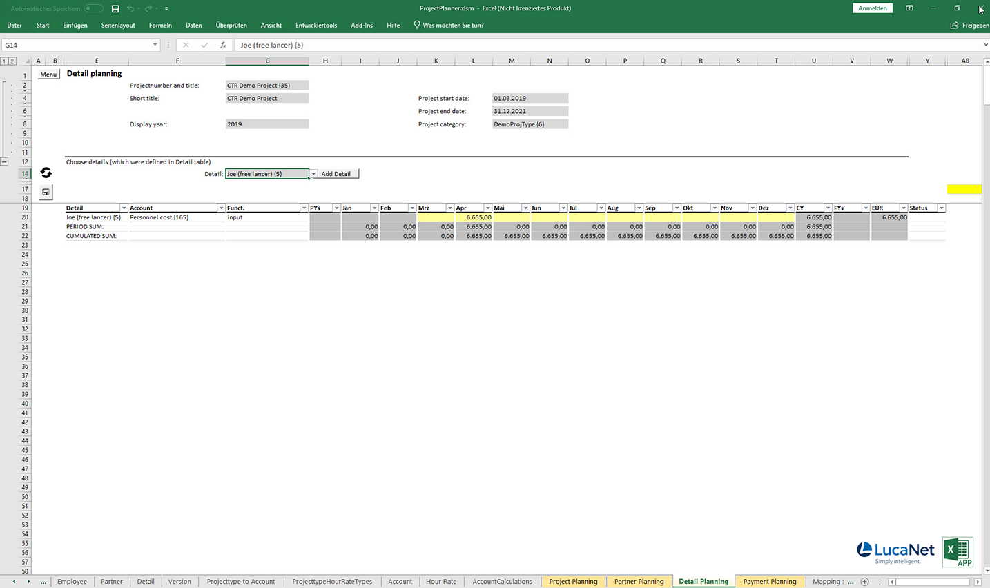 Planungsmaske der Excel APP für Forschungsunternehmen mit LucaNet, von consultnetwork