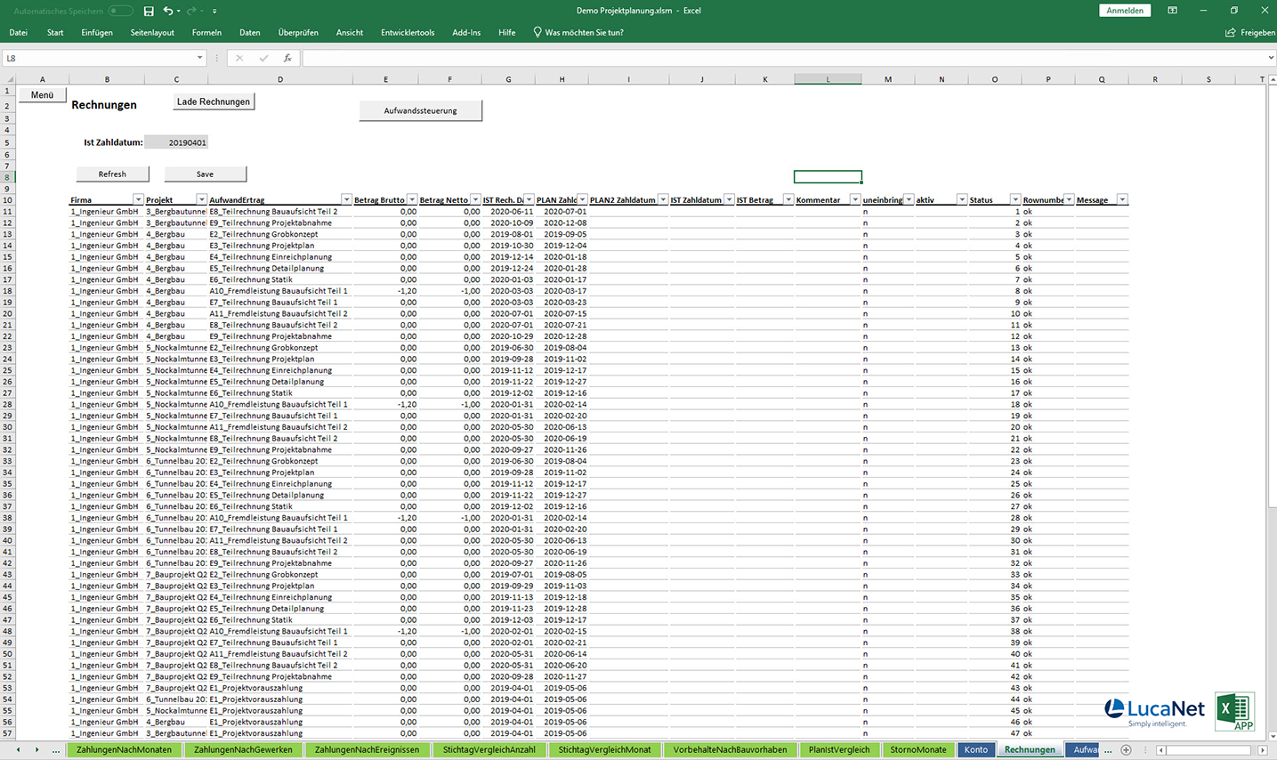 Rechnungen in der Excel APP kurzfristige Finanzplanung für LucaNet, von consultnetwork