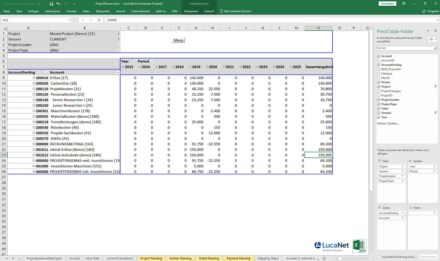 Report in Excel APP Projektplanung für Forschungsunternehmen mit LucaNet, von consultnetwork
