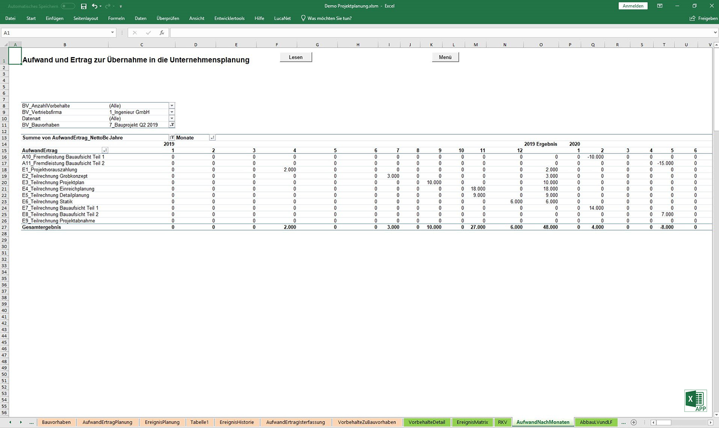 Report in der Excel APP "Projektplanung" von consultnetwork