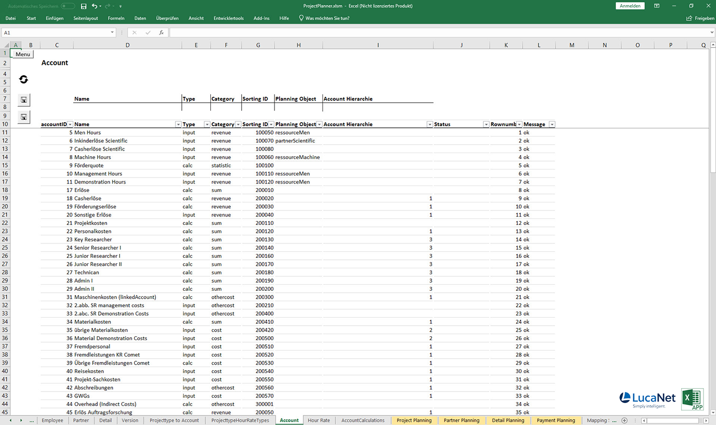 Stammdaten in der Excel APP Projektplanung für Forschungsunternehmen mit LucaNet, von consultnetwork